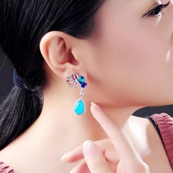 Blue Crystal Rhinestone Flower Vintage Silver Drop Dangle Statement Earrings - Picture 2 of 7